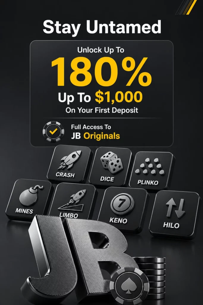 JB Originals welcome bonus banner with 180 percent deposit offer and icons for crash dice plinko mines limbo keno hilo premium dark design